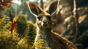 fermer photo de une kangourou à la recherche tout direction sur jungle. génératif ai