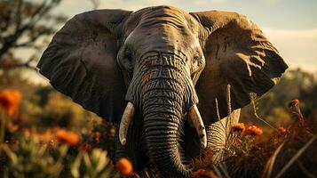 fermer photo de une africain l'éléphant à la recherche tout direction sur jungle. génératif ai