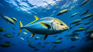 photo de albacore thon avec divers poisson entre en bonne santé corail récifs dans le bleu océan. génératif ai