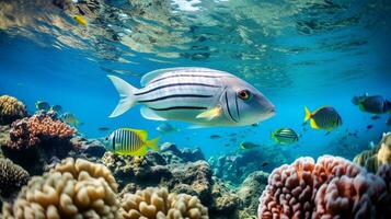 photo de poisson zèbre avec divers poisson entre en bonne santé corail récifs dans le bleu océan. génératif ai