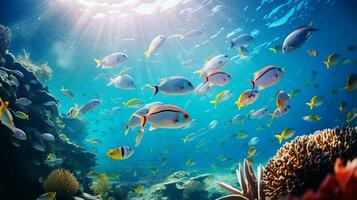 photo de radiographie tétra poisson avec divers poisson entre en bonne santé corail récifs dans le bleu océan. génératif ai