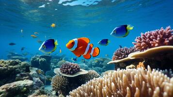 photo de poisson clown avec divers poisson entre en bonne santé corail récifs dans le bleu océan. génératif ai