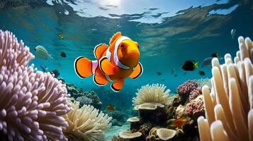 photo de poisson clown avec divers poisson entre en bonne santé corail récifs dans le bleu océan. génératif ai