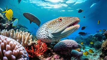 photo de anguille avec divers poisson entre en bonne santé corail récifs dans le bleu océan. génératif ai