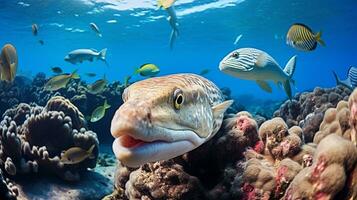 photo de anguille avec divers poisson entre en bonne santé corail récifs dans le bleu océan. génératif ai