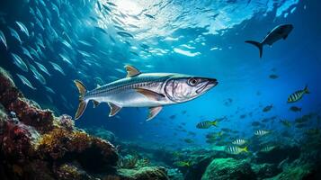 photo de barracuda avec divers poisson entre en bonne santé corail récifs dans le bleu océan. génératif ai