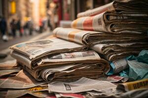 pile de vieux journaux, sélectif se concentrer. ai généré photo