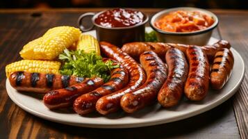 grillé saucisses, un barbecue côtés, Achevée repas. génératif ai photo