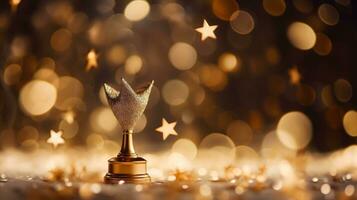 maquette prix trophée avec étoiles brillant or bokeh arrière-plan, génératif ai illustration photo