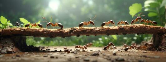 travail en équipe, équipe de fourmis construire pont. ai généré photo