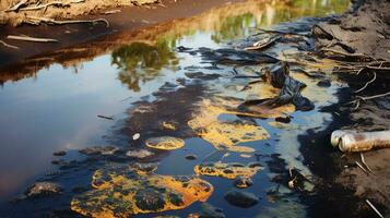 pollué rivière avec pétrole nappes sur le des eaux surface. génératif ai photo