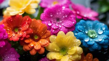 détrempé par la pluie fleurs en dessous de une arc-en-ciel. génératif ai photo