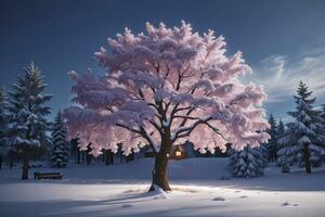 magnifique arbre dans hiver paysage dans en retard soir dans chute de neige. ai généré photo