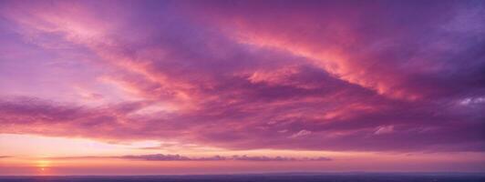 panoramique vue de une rose et violet ciel à le coucher du soleil. ciel panorama arrière-plan.. ai généré photo