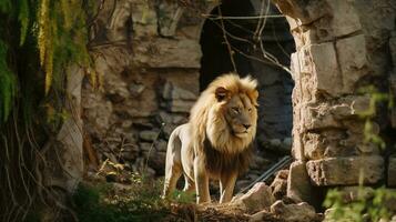 fait écho de majesté les Lions périple par ancien ruines, ai génératif photo