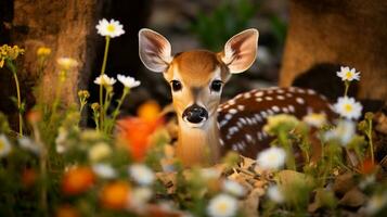 enchanté rencontre faon parmi fleurs, ai génératif photo