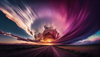 génératif ai, des nuages dans mouvement une longue exposition le coucher du soleil plus de le montagnes photo