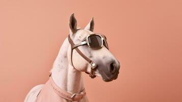 génératif ai, cool équin ambiance une cheval sportif élégant des lunettes de soleil sur une pastel Contexte photo