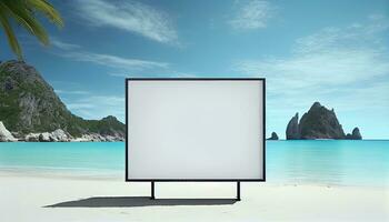 génératif ai, une Vide panneau d'affichage par le mer une captivant La publicité opportunité pour votre produit photo