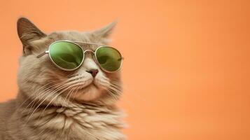 génératif ai, hilarant chat sportif des lunettes de soleil sur pastel Contexte photo