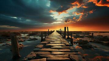 serein beauté de une jetée à le coucher du soleil reflets dans le eau, ai génératif photo