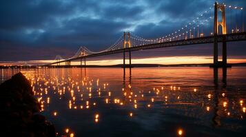 lumineux reflets la nuit lueur de une célèbre pont, génératif ai photo