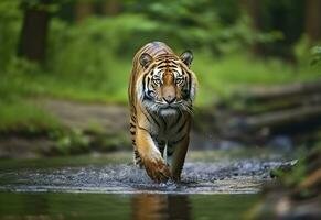 amour tigre en marchant dans le l'eau. dangereux animal. animal dans une vert forêt flux. génératif ai photo