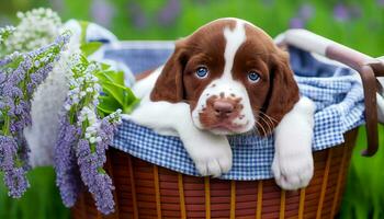 génératif ai, chiot l'amour une mignonne chiot pose dans une panier au milieu de une floral paradis photo