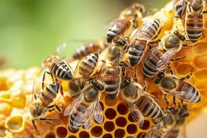 mon chéri les abeilles sur nid d'abeille dans rucher dans heure d'été, mon chéri les abeilles communiquer avec chaque autre, ai génératif photo