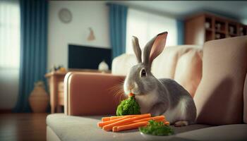 génératif ai, lapin félicité une animal de compagnie lapin grignoter sur carottes dans une confortable intérieur havre photo