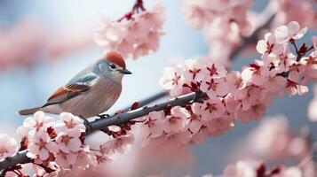 des oiseaux séance dans une arbre rempli avec Cerise fleur fleurs. génératif ai photo