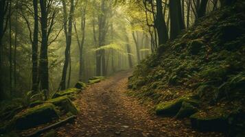 génératif ai, enchanté voies dévoilement le mystère et aventure de forêt les sentiers photo