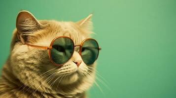 génératif ai, hilarant chat sportif des lunettes de soleil sur pastel Contexte photo