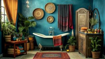 génératif ai, boho félicité une vibrant et relaxant salle de bains conception photo