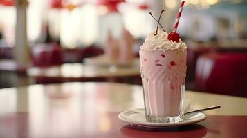 Cerise Milk-shake dans une classique américain le dîner. nourriture la photographie concept. génératif ai photo