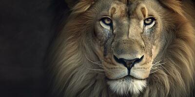 proche en haut de un africain lion. génératif ai photo