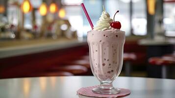 Cerise Milk-shake dans une classique américain le dîner. nourriture la photographie concept. génératif ai photo