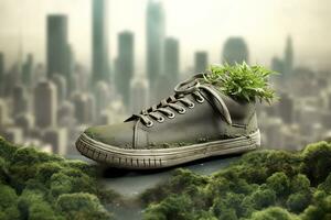 une photo a été pris chaussure avec verdure et ville , carbone empreinte concept. ai génératif