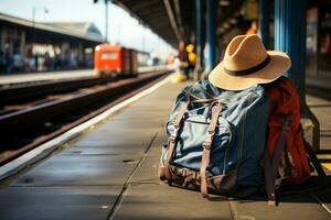 à le train gare, une du voyageur équipement comprend sac à dos, chapeau, carte, et plus ai généré photo