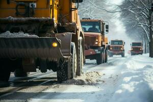 neige suppression équipe opère machine à clair des rues, assurer lisse Urbain couler. ai généré photo