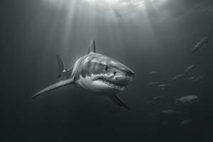 le Roi de le océan, le génial blanc Masculin requin chasseur sous-marin voir, guadalupe île, Mexique. ai génératif photo