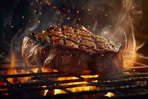 du boeuf steak sur le gril avec fumée et flammes. ai génératif photo