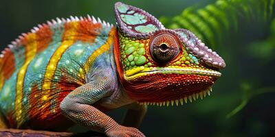 une coloré proche en haut caméléon avec une haute crête sur ses diriger. génératif ai photo