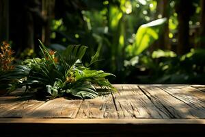 Matin lumière du soleil jette ombres sur une en bois table avec luxuriant banane feuilles ai généré photo