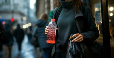 Jeune femme émergente de métro, saisir une l'eau bouteille, au milieu de le animé ville ai généré photo