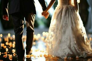 thème harmonisé la mariée et jeune marié tenir mains, reflétant leur choisi mariage motif ai généré photo