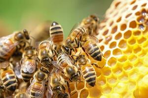 mon chéri les abeilles sur nid d'abeille dans rucher dans heure d'été, mon chéri les abeilles communiquer avec chaque autre, ai génératif photo