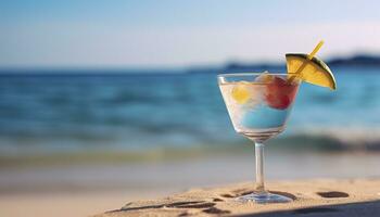 cocktail verre sur le sablonneux plage près le mer dans été temps. génératif ai photo