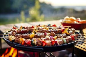 un barbecue nourriture fête été grillage Viande dans le après midi de fin de semaine content faire la fête. ai génératif photo