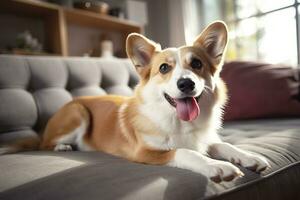 beau, intelligent, calme de race corgi chien mensonge sur sur canapé dans vivant chambre. génératif ai photo